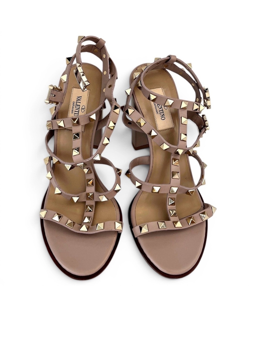 Valentino Garavani Pink-Taupe Leather Rockstud Strappy Sandals